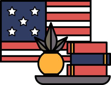 Üzerinde bitki olan bir vazo kırmızı, beyaz ve mavi bir Amerikan bayrağının yanında duruyor.