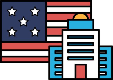 Kırmızı kapılı ve beyaz çatılı bir bina yıldızlı bir bayrağın yanındadır. Bina arka planda, bayrak ön planda.