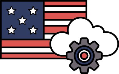 Bulutlu ve teçhizatlı Amerikan bayrağının grafiği. Bayrak kırmızı, beyaz, mavi ve yıldızlı. Teknoloji ve ilerleme kavramı