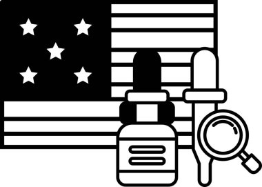Amerikan bayrağının yanında siyah beyaz bir ilaç şişesi ve şırınga resmi.