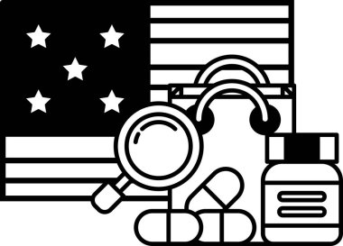 Yıldızlı bir Amerikan bayrağının büyüteç ve alışveriş çantasıyla siyah beyaz görüntüsü.