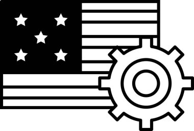 Üzerinde teçhizat olan siyah beyaz bir Amerikan bayrağı. Bayrak yıldızlarla çevrilidir ve teçhizat görüntünün merkezindedir. İlerleme ve yenilik kavramı