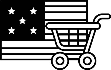 Amerikan bayrağının yanında bir alışveriş arabası var. Araba siyah ve beyaz. Bayrak kırmızı, beyaz ve mavi.