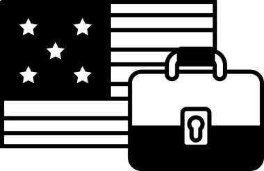 Üzerinde yıldız ve arkasında Amerikan bayrağı olan bir evrak çantasının siyah beyaz görüntüsü.