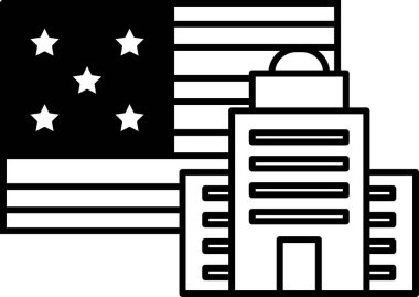 Siyah beyaz bir bina ve yıldızlı bir bayrak. Bayrak çizimin sol tarafında ve bina da sağ tarafında.