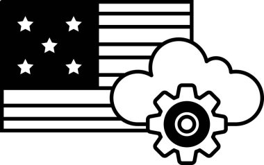 Amerikan bayrağının bulutlu ve teçhizatlı siyah beyaz görüntüsü. Teknoloji ve ilerleme kavramı. Bulut, teknolojinin sürekli değişen doğasını temsil ediyor.