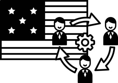 Siyah ve beyaz bir resim. Üç adam gülümsüyor ve bayrağın yanında onları işaret eden oklarla duruyorlar.