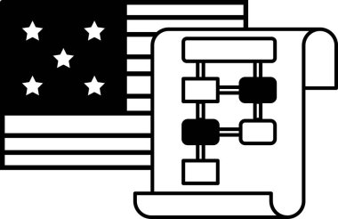 Üzerinde diyagram olan beyaz bir kağıt olan siyah beyaz bir Amerikan bayrağı. Diyagram bir akış şeması.