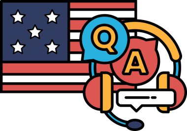 Kulaklık takan ve kırmızı-beyaz Amerikan bayrağı taşıyan bir karikatür. Kulaklığa doğru konuşuyor ve arkasında bayrak var.