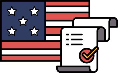 Yıldızlı, kırmızı, beyaz ve mavi bir Amerikan bayrağı ve bir kağıt parçasında işaret var.