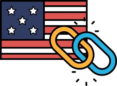 Amerikan bayrağının etrafındaki bir zincirin karikatürü. Zincir turuncu ve mavi. Bayrak kırmızı, beyaz ve mavi.