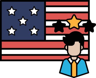 Üzerinde yıldız olan bir adam Amerikan bayrağının önünde duruyor. Adam takım elbise ve kravat takıyor.