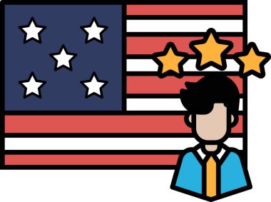 Amerikan bayrağının önünde beş yıldızlı bir adam duruyor. Adam mavi bir gömlek ve kravat takıyor.