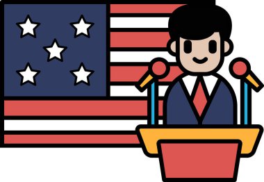 Arkasında kırmızı, beyaz ve mavi Amerikan bayrağı olan bir adamın podyumun önünde durduğu bir karikatür.