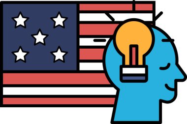 Bir adamın kafası parlak bir fikirle aydınlanır ve arka planda Amerikan bayrağı vardır. Adamın ifadesi heyecan ve ilham kaynağıdır.