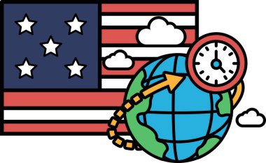 Bir saat karikatürü, arka planda Amerikan bayrağı olan bir kürede 12 numarayı gösteriyor.