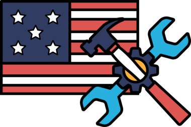 Amerikan bayrağının üstünde bir çekiç ve İngiliz anahtarı var. Çekiç bayrağın sağ tarafında, İngiliz anahtarı da sol tarafında.