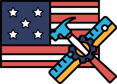 Amerikan bayrağının üstünde bir çekiç ve cetvel var. Çekiç ve cetvel ölçmek ve inşa etmek için kullanılan aletlerdir. Amerikan bayrağı Amerika Birleşik Devletleri 'ni temsil ediyor.