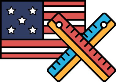 Kırmızı, beyaz ve mavi Amerikan bayrağı bir cetvel ve bir çift mavi ve kırmızı cetvelle gösterilir.