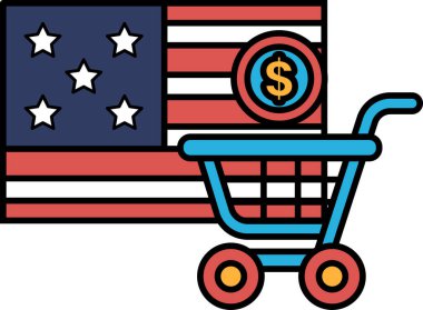 Üzerinde dolar işareti olan bir alışveriş arabası bir Amerikan bayrağının yanındadır. Araba mavi, bayrak kırmızı, beyaz ve mavi.