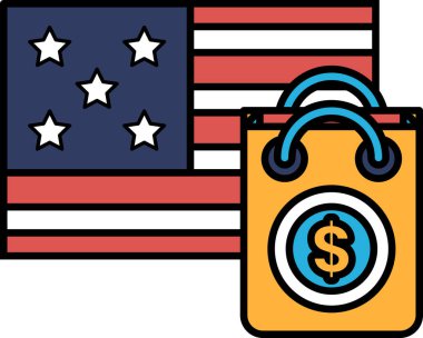 Amerikan bayrağının yanındaki çantada bir dolar işareti var. Çanta turuncu, bayrak kırmızı, beyaz ve mavi.