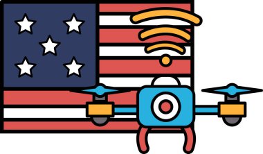 Amerikan bayrağının üzerinde bir İHA uçuyor. İHA mavi ve sarıdır. Bayrak kırmızı, beyaz ve mavi.