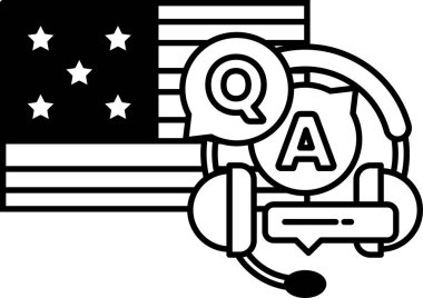 Üzerinde soru-cevap harfleri olan siyah beyaz bir mikrofon resmi. Mikrofon yıldızlar ve bir Amerikan bayrağı ile çevrilidir. İletişim kavramı ve soru sormanın önemi
