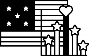 Yıldızlı ve kalbi olan bir bayrağın siyah beyaz görüntüsü. Bayrak görüntünün ana odak noktasıdır, ama aynı zamanda yıldızlar ve arka planda bir kalp vardır. Vatanseverlik ve gurur kavramı