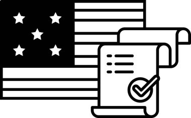 Amerikan bayrağının siyah beyaz bir görüntüsü. Üzerinde bir kağıt parçası işaretli. Onay veya doğrulama kavramı