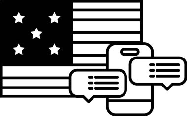 Amerikan bayrağının cep telefonu ve yıldızlı siyah beyaz görüntüsü. İletişim ve bağlantı kavramı, cep telefonu diğerleriyle iletişimde kalmak için modern bir araçtır.