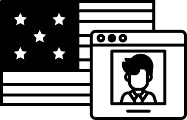 Arka planda Amerikan bayrağı olan bir adamın yüzü bilgisayar ekranında gösteriliyor. Adamın yüzü görüntünün odak noktasıdır, bayrak ise arka plan görevi görür.