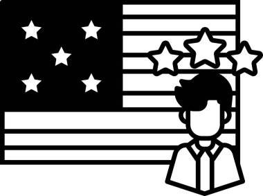 Amerikan bayrağının önünde beş yıldızlı bir adam duruyor. Adam takım elbise ve kravat takıyor.