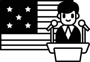 Takım elbiseli bir adam büyük bir Amerikan bayrağının önünde duruyor. Elinde mikrofon var ve bir politikacı.