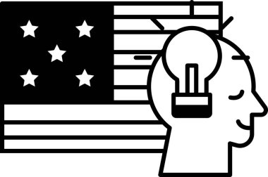 Kafasında ampul olan bir adam Amerikan bayrağının önünde oturuyor. Yenilik ve yaratıcılık kavramı, insanın ampulü bir fikri ya da yeni bir kavramı temsil eder.