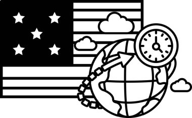 Siyah beyaz bir saat çizimi ve arka planda Amerikan bayrağı olan bir küre. Saat 12 'ye ayarlandı.