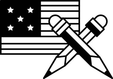 Bir çift kalem ve bir bayrağın siyah beyaz görüntüsü. Kalemler birbiri üzerine geçmiş ve arka planda bayrak var. Eğitim ve vatanseverlik kavramı