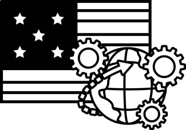 Yıldızlı siyah beyaz bir bayrak ve dişli bir küre. Bayrak Birleşik Devletler 'dir ve dünya da dünyadır. Küredeki dişliler dünyanın birbirine bağlılığını temsil ediyor.