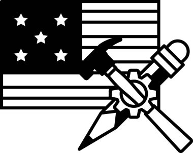 Üzerinde çekiç ve bir çift kalem olan siyah beyaz bir bayrak. Çekiç ve kalemler bayrağın ortasına konmuş denge ve önem duygusu yaratıyorlar.