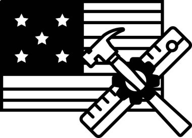 Amerikan bayrağının üstünde bir çekiç ve cetvel var. Çekiç ve cetvel ölçmek ve inşa etmek için kullanılan aletlerdir. Bayrak Amerika 'yı temsil ediyor.