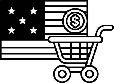 Üzerinde dolar işareti olan bir alışveriş arabası bir Amerikan bayrağının yanındadır. Araba boş.