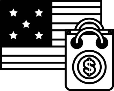 Siyah-beyaz bir dolar işareti ve üzerinde yıldızlar olan bir çanta. Dolar işareti çantanın sağ tarafında.