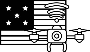 Bir dron yıldızlı bir bayrağın üzerinde dalgalanıyor. Drone bir kamera ile donatılmıştır. Macera ve keşif kavramı