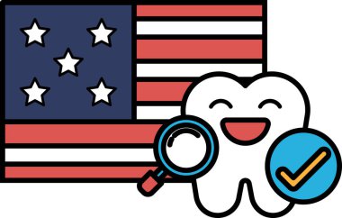 Bir diş gülümsüyor ve Amerikan bayrağının resmine bakıyor. Bayrak arka planda, diş ön planda.