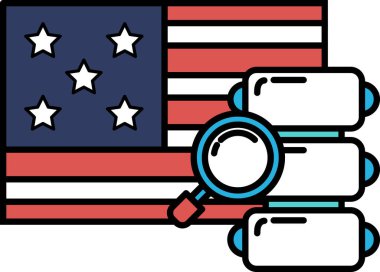 Üzerinde büyüteç olan Amerikan bayrağının yakın çekimi. Bayrak kırmızı, beyaz ve mavi yıldızlı