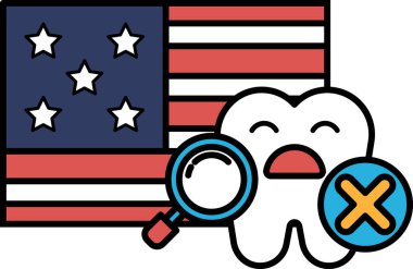 Arka planda büyüteç ve Amerikan bayrağı olan bir diş gösteriliyor. Dişin bir dişi eksik ve büyüteç onu incelemek için kullanılıyor. Diş sağlığı kavramı