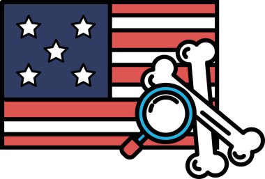 Üzerinde büyüteç ve altında kemikler olan bir bayrak. Bayrak kırmızı, beyaz, mavi ve yıldızlı. Görüntünün gizemli ve ilginç bir havası var.