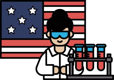 Önlüklü bir kadın elinde kırmızı sıvı bulunan üç test tüpü tutuyor. Görüntü, Amerikan bayrağının arka planına göre ayarlanmış.