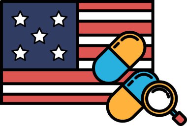 Amerikan bayrağının yanında büyüteç bulunan bir ilaç şişesinin yakın çekimi. İlaç şişesi mavi ve sarı ve büyüteç de kırmızı.