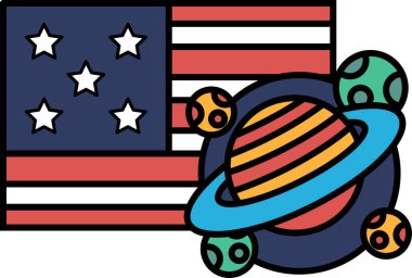 Arkasında yıldızlar ve bir gezegen olan renkli bir bayrak çizimi. Bayrak kırmızı, beyaz ve mavidir, ve gezegen mavi ve sarı dairelerle çevrilidir.