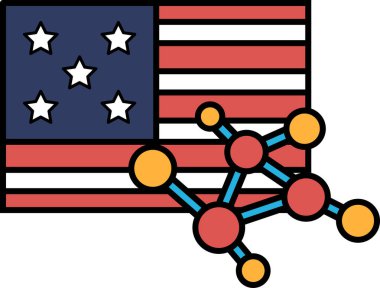 Yıldızlı, mavi ve sarı moleküllü renkli bir Amerikan bayrağı. Bayrak, atomları bir arada tutan kimyasal bağları temsil eden mavi ve sarı bir molekülle çevrilidir.